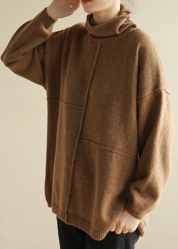 Pullover Brown Clothes for Patchwork Turtleneck Knit Tops