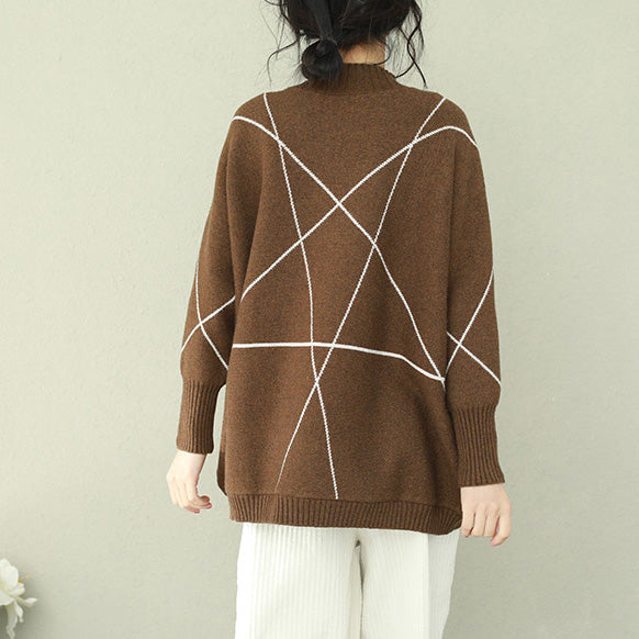 Pullover Brown Knitted Tops O Neck Knitwear