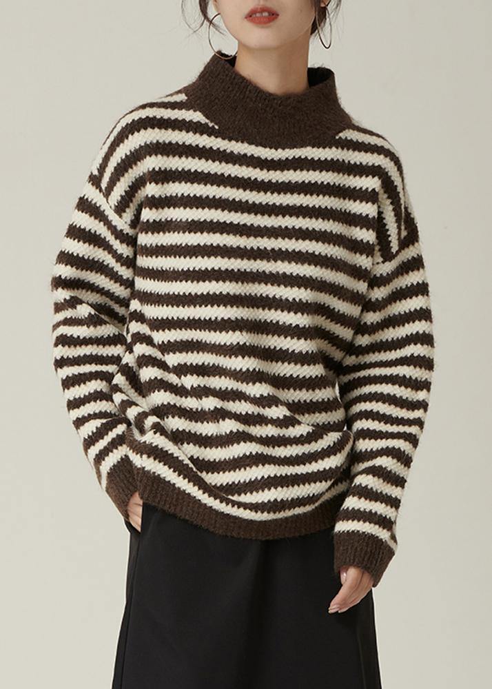 Pullover Fall Brown Striped Knit Tops Loose Fitting High Neck Knitted Pullover