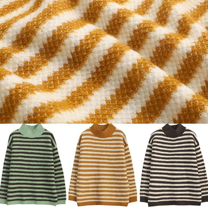Pullover Fall Brown Striped Knit Tops Loose Fitting High Neck Knitted Pullover