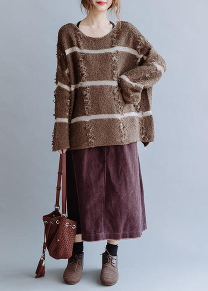 Pullover Fall Chocolate Striped Knit Sweat Tops O Neck Sweater Blouse