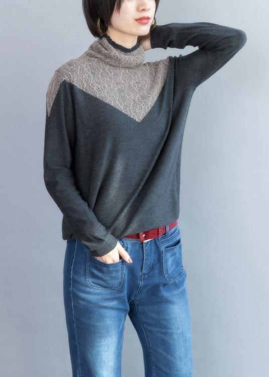 Pullover Gray Knit Tops High Neck Sweater Blouse