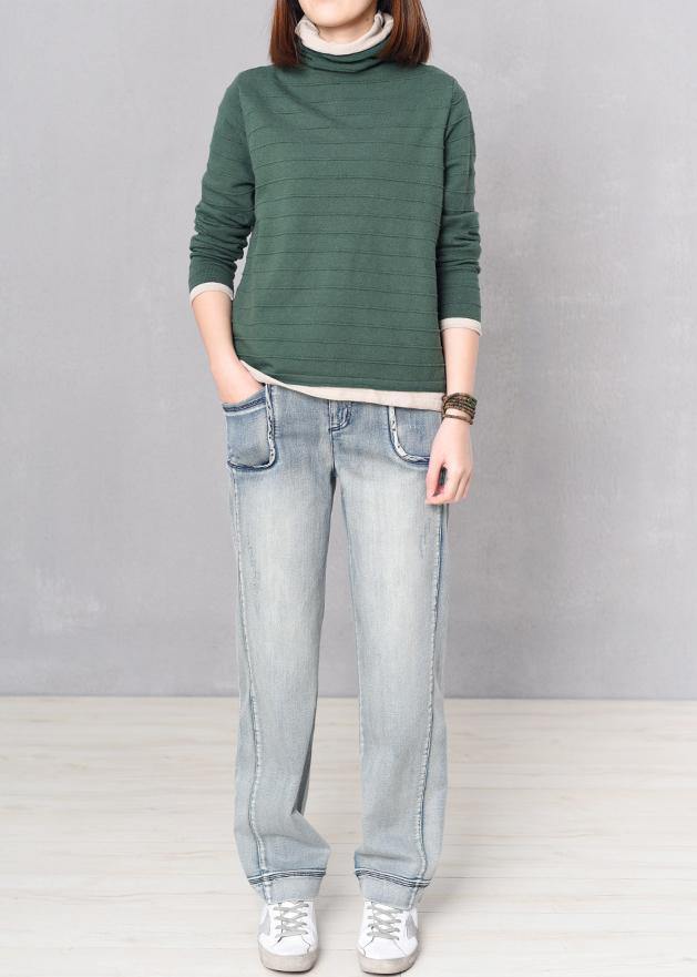 Pullover Green Knitted Blouse High Neck Knitwear False Two Pieces