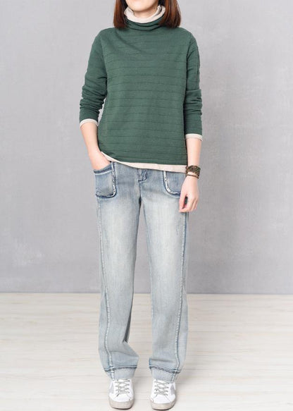 Pullover Green Knitted Blouse High Neck Knitwear False Two Pieces