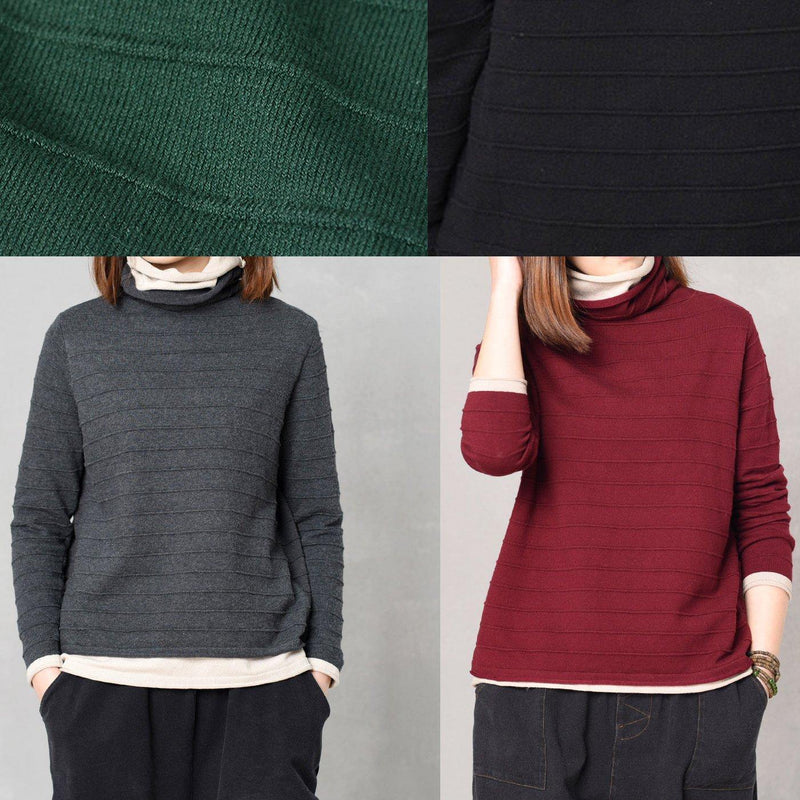 Pullover Hige Neck Knitted Tops Oversize False Two Pieces Patchwork Color Sweater Red