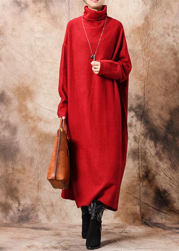 Pullover High Neck Sweater Dresses Red Hipster Knitted Tops Fall