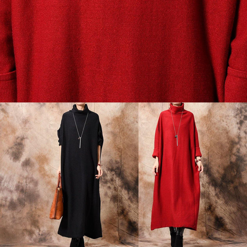 Pullover High Neck Sweater Dresses Red Hipster Knitted Tops Fall