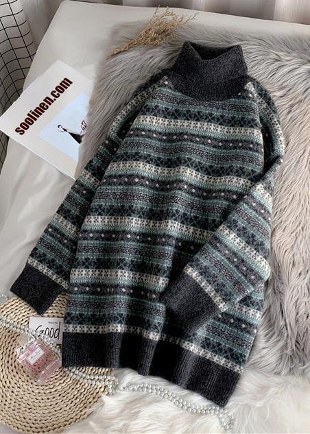 Pullover High Neck Gray Knit Sweat Tops Striped Sweater Tops