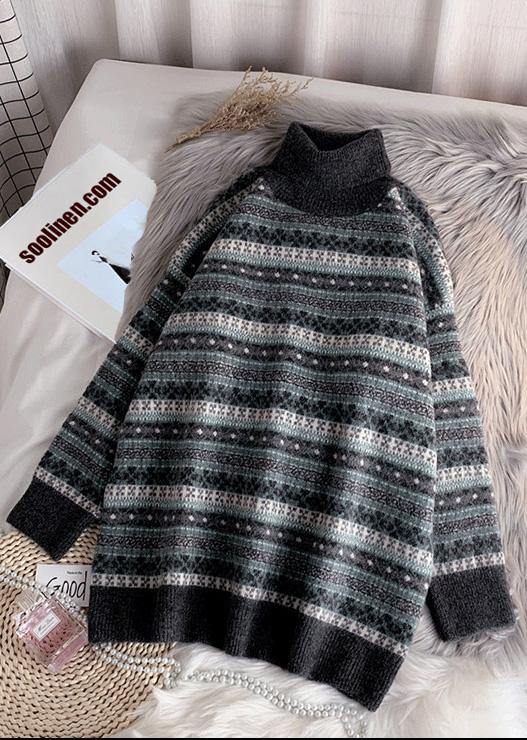 Pullover High Neck Gray Knit Sweat Tops Striped Sweater Tops
