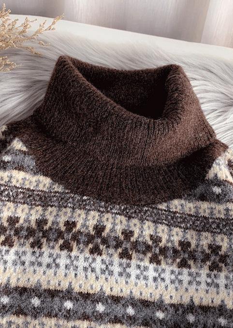 Pullover High Neck Gray Knit Sweat Tops Striped Sweater Tops