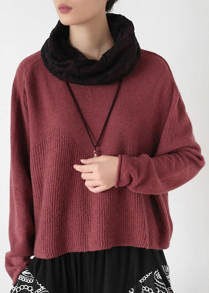 Pullover High Neck Red Knit Sweat Tops Batwing Sleeve Clothes
