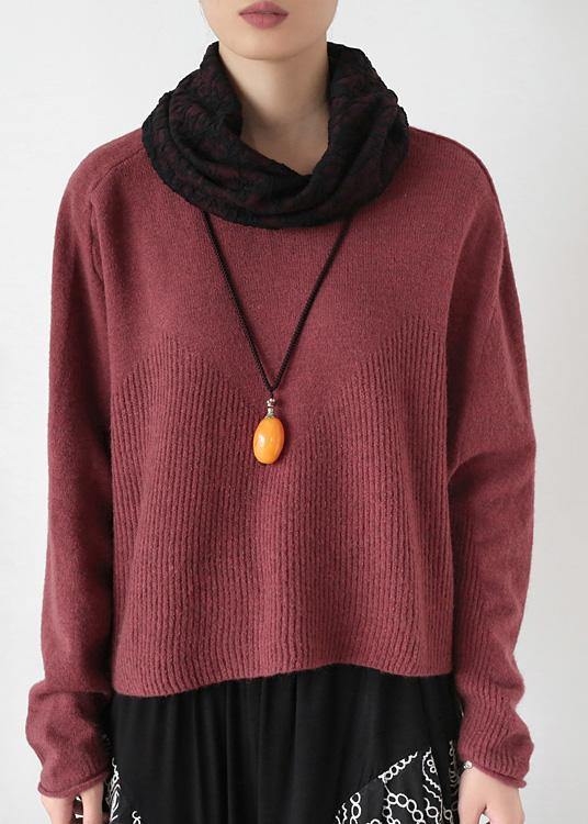 Pullover High Neck Red Knit Sweat Tops Batwing Sleeve Clothes