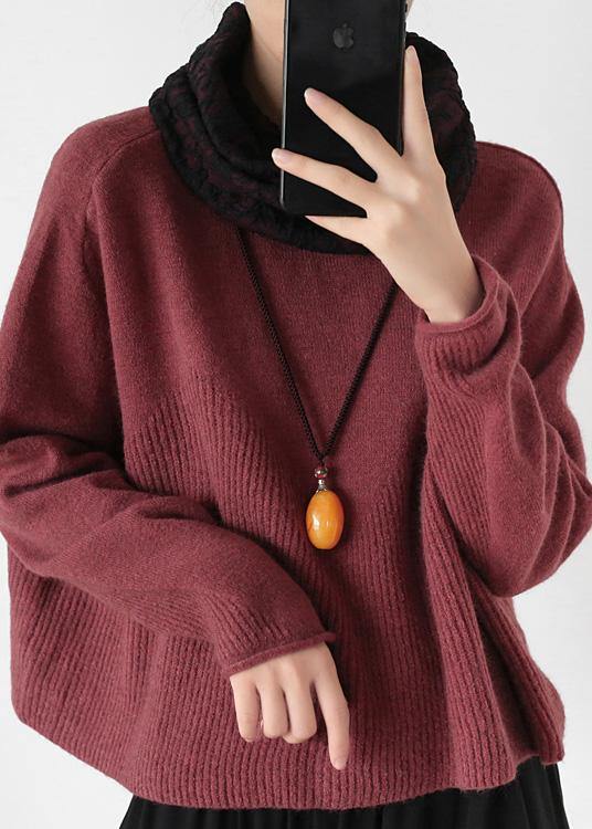 Pullover High Neck Red Knit Sweat Tops Batwing Sleeve Clothes