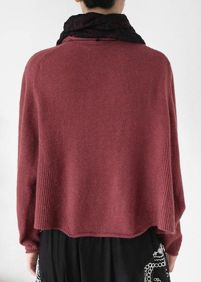 Pullover High Neck Red Knit Sweat Tops Batwing Sleeve Clothes