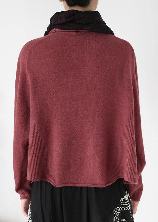 Pullover High Neck Red Knit Sweat Tops Batwing Sleeve Clothes