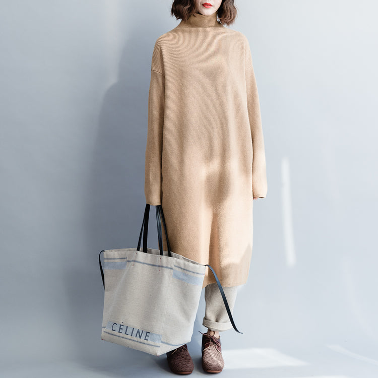 Pullover Khaki Sweater Dress Outfit Moda Hipster High Neck Baggy Knit Dress
