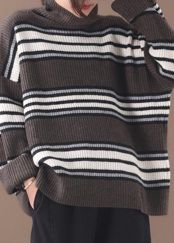 Pullover Khaki Striped Knitted Clothes Winter Knitted Blouse High Neck