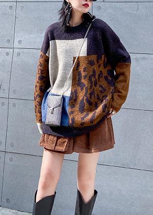 Pullover o neck Leopard knit sweat tops plus size patchwork color knit blouse