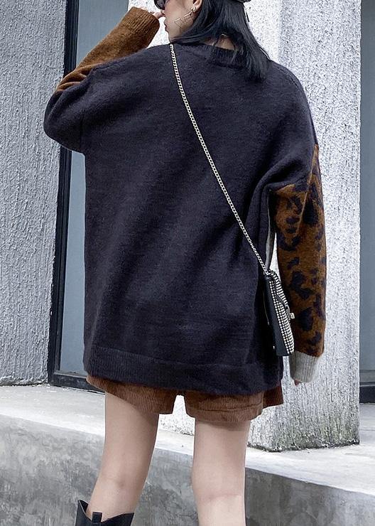 Pullover O Neck Leopard Knit Sweat Tops Patchwork Color Knit Blouse