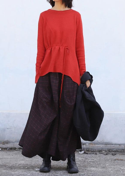 Pullover O Neck Red Knit Tops Drawstring Asymmetric Crane Tops