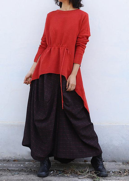 Pullover O Neck Red Knit Tops Drawstring Asymmetric Crane Tops