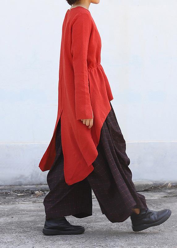 Pullover O Neck Red Knit Tops Drawstring Asymmetric Crane Tops