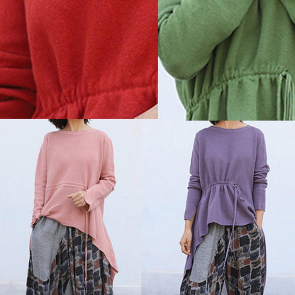 Pullover O Neck Red Knit Tops Drawstring Asymmetric Crane Tops