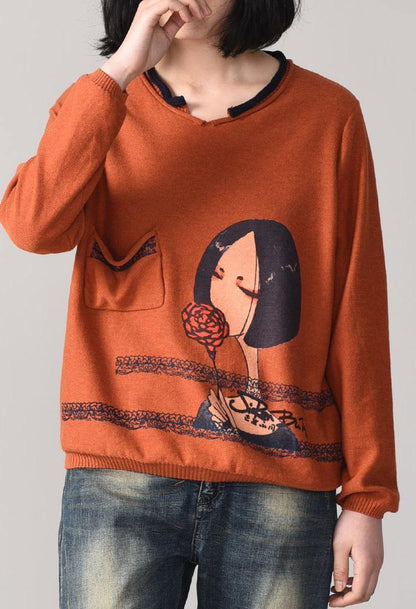 Pullover Orange Cartoon Print Knit Blouse Fall Knitwear Pockets