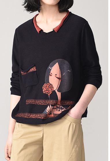 Pullover Orange Cartoon Print Knit Blouse Fall Knitwear Pockets