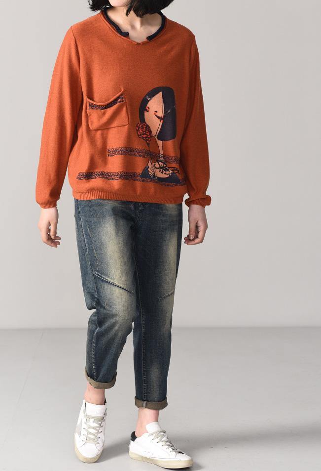 Pullover Orange Cartoon Print Knit Blouse Fall Knitwear Pockets