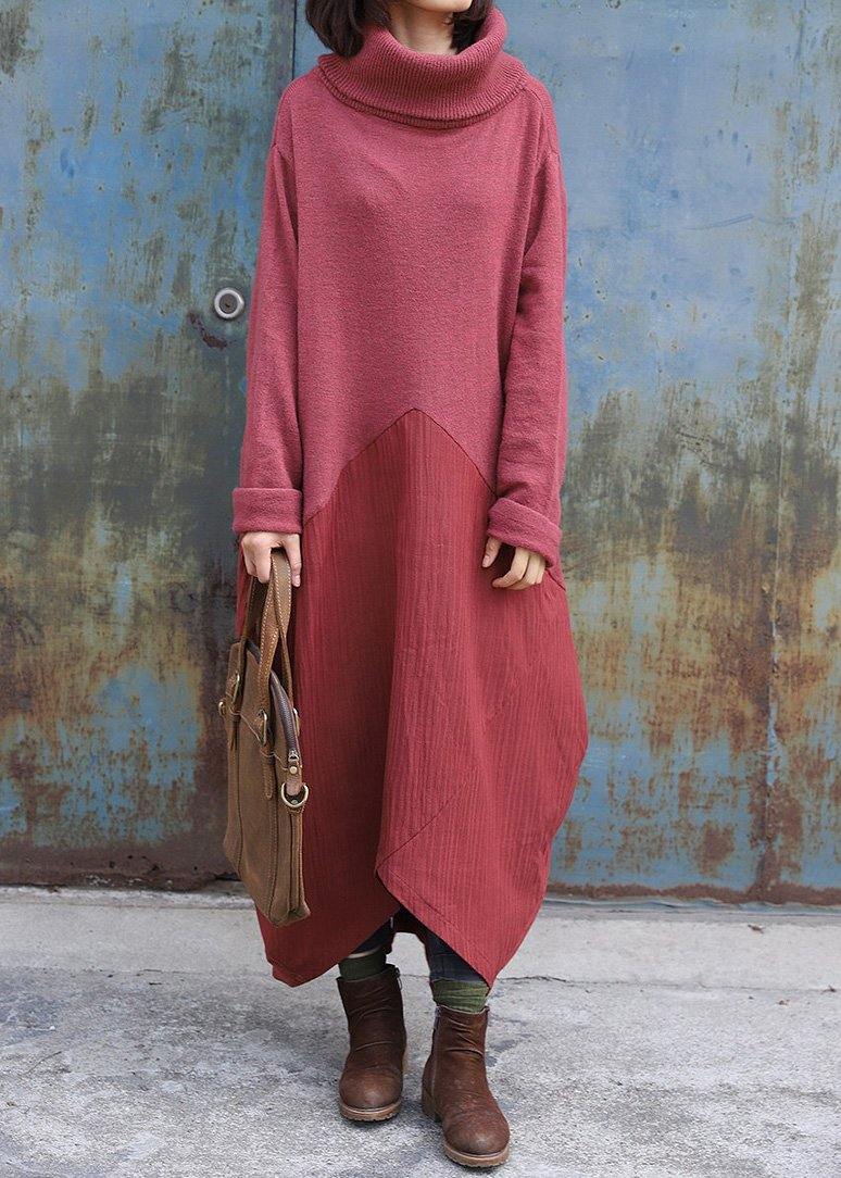 Pullover Patchwork Sweater High Neck Dress Outfit Design Red Mujer Sweater Dress