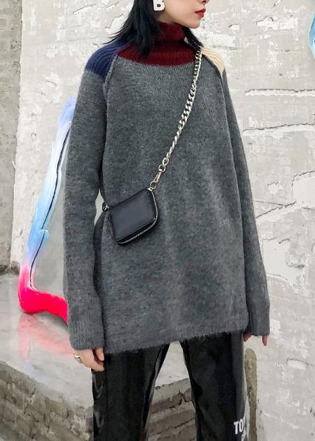 Pullover Patchwork Gray Knitwear Clothing High Neck Knit Tops