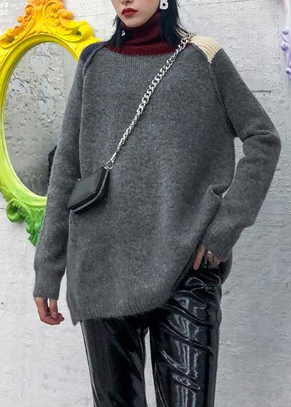 Pullover Patchwork Gray Knitwear Clothing High Neck Knit Tops