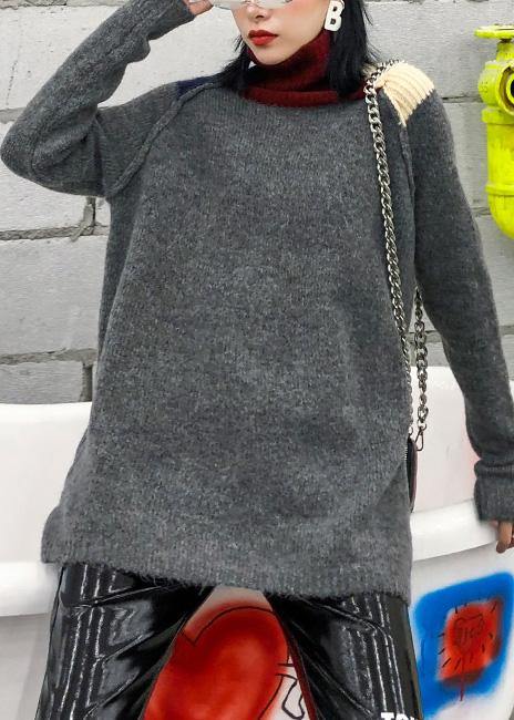 Pullover Patchwork Gray Knitwear Clothing High Neck Knit Tops
