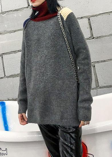 Pullover Patchwork Gray Knitwear Clothing High Neck Knit Tops