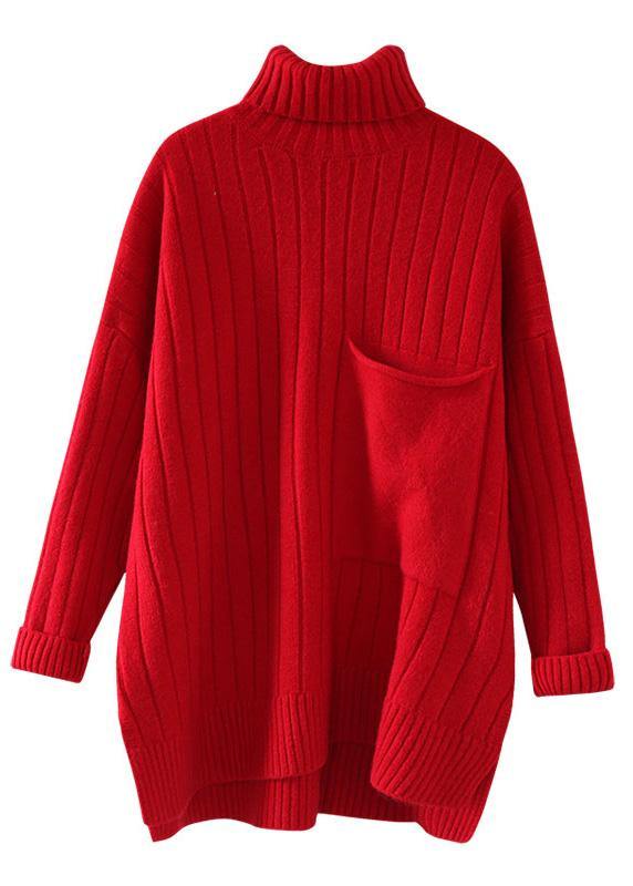 Pullover Red Clothes for One Big Pockets Loose Fitting High Neck Knitwear