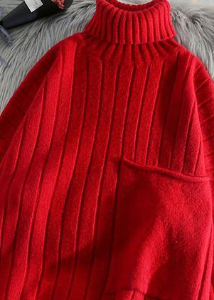 Pullover Red Clothes for One Big Pockets Loose Fitting High Neck Knitwear