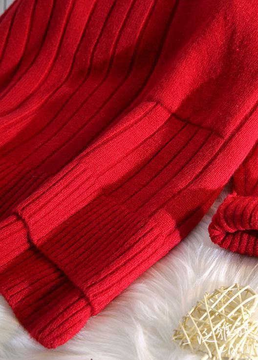 Pullover Red Clothes for One Big Pockets Loose Fitting High Neck Knitwear
