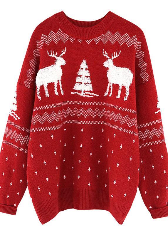 Pullover Red Knitted Blouse O Neck Thick Top