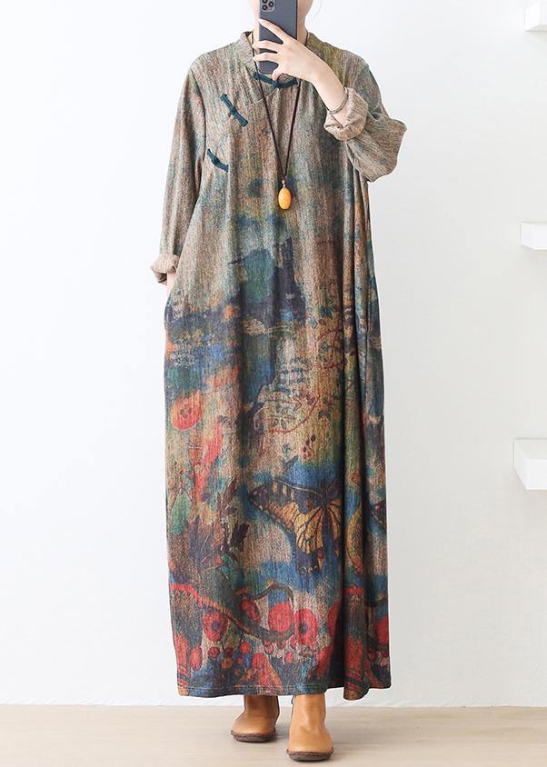 Pullover Stand Collar Sweater Fall Dresses Classy Green Print Baggy Knit Dress