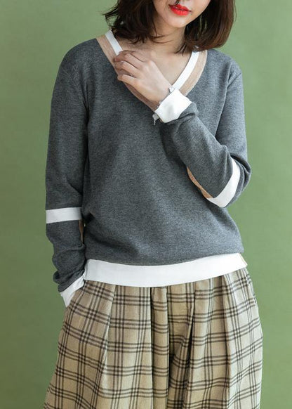 Pullover V Neck Gray Knit Tops Patchwork Knitted Clothes