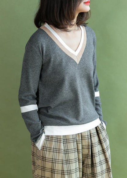 Pullover V Neck Gray Knit Tops Patchwork Knitted Clothes