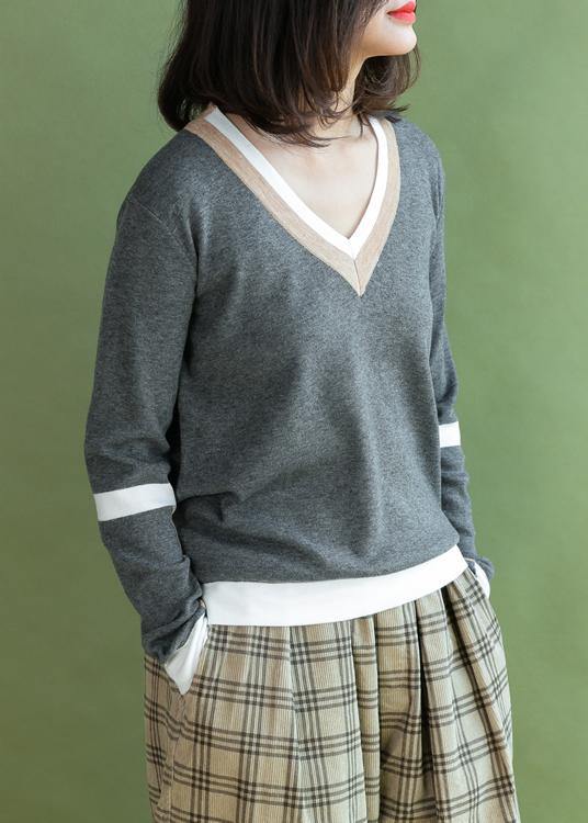 Pullover V Neck Gray Knit Tops Patchwork Knitted Clothes