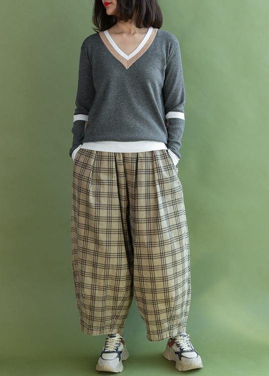 Pullover V Neck Gray Knit Tops Patchwork Knitted Clothes