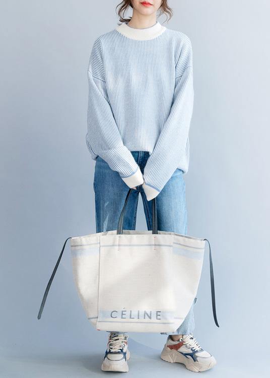 Pullover Winter Blue White Striped Knit Sweat Tops High Neck Crane Tops