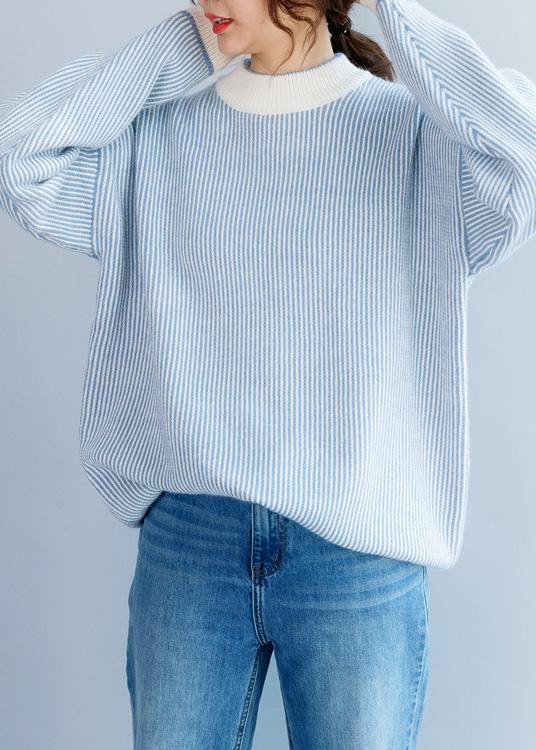Pullover Winter Blue White Striped Knit Sweat Tops High Neck Crane Tops