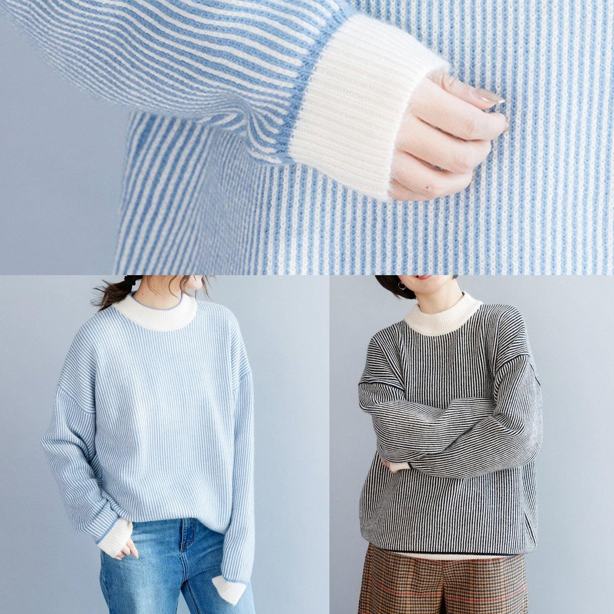 Pullover Winter Blue White Striped Knit Sweat Tops High Neck Crane Tops