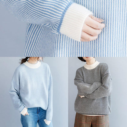 Pullover Winter Blue White Striped Knit Sweat Tops High Neck Crane Tops