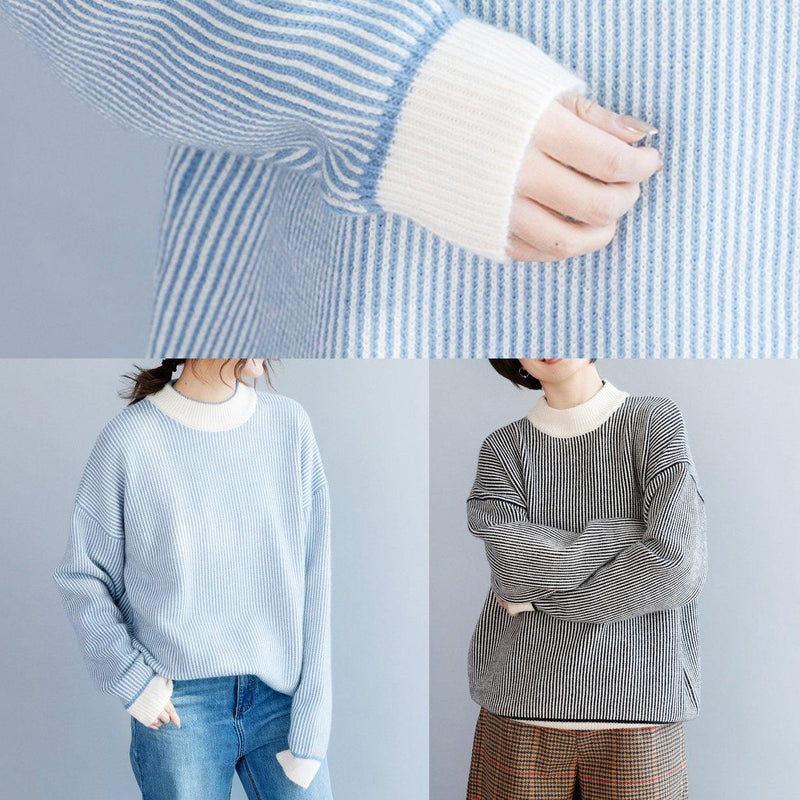 Pullover Winter Blue White Striped Knit Sweat Tops High Neck Crane Tops