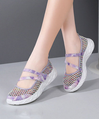 Purple Breathable Mesh Flat Feet Shoes Splicing Buckle Strap